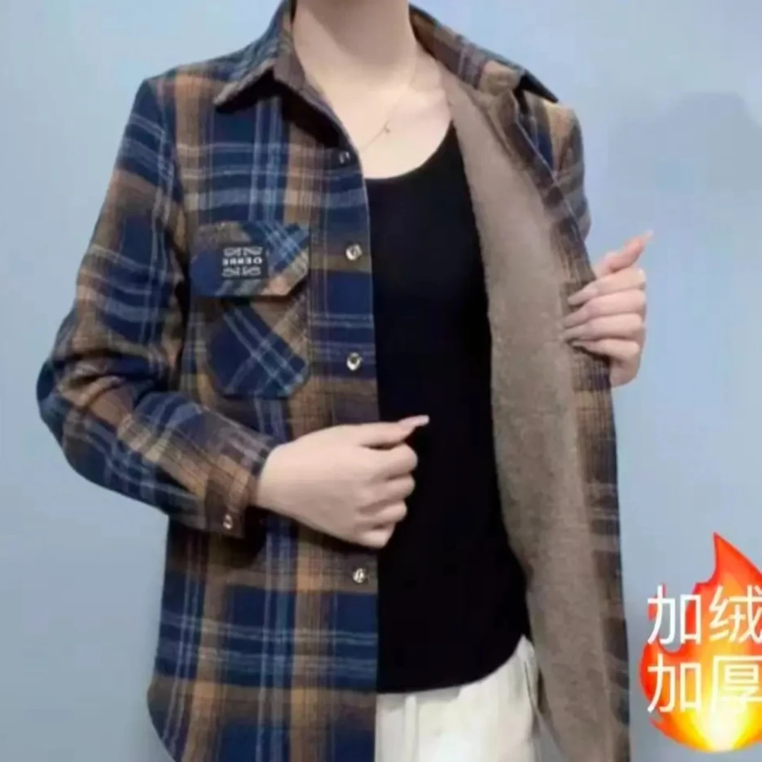 秋冬格子衬衫加绒加厚保暖翻领长袖外套休闲百搭潮流