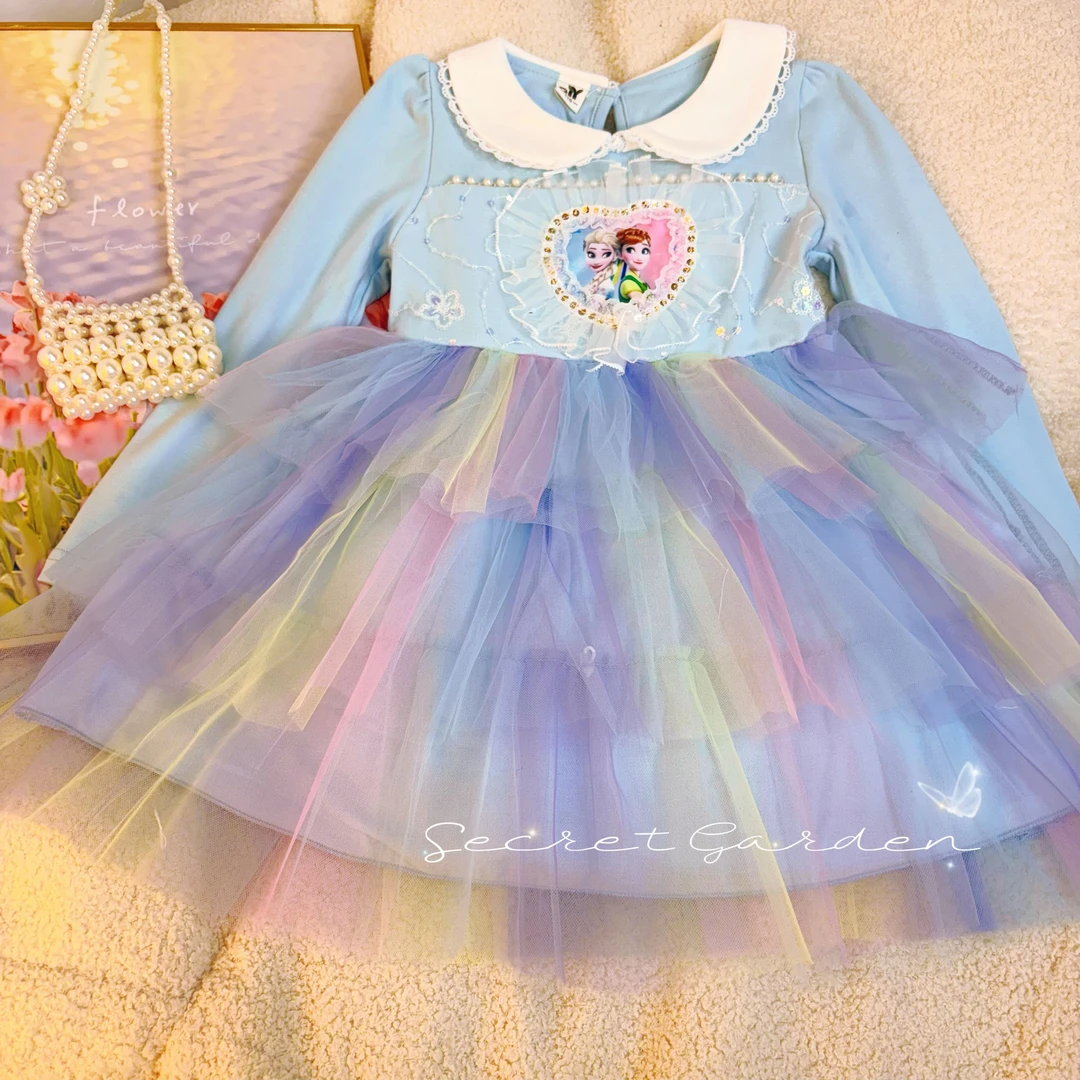 蓝色艾莎爱莎新款女童重工网纱公主裙洋气连衣裙冰雪奇缘