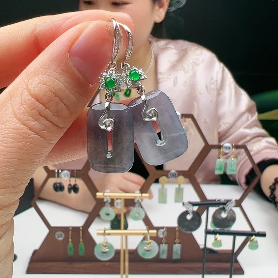 翡翠耳饰银S925镶嵌天然翡翠