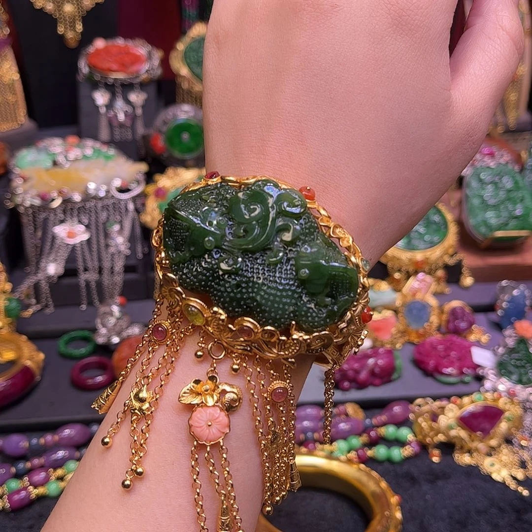 翡翠银S925镀金镶嵌手镯