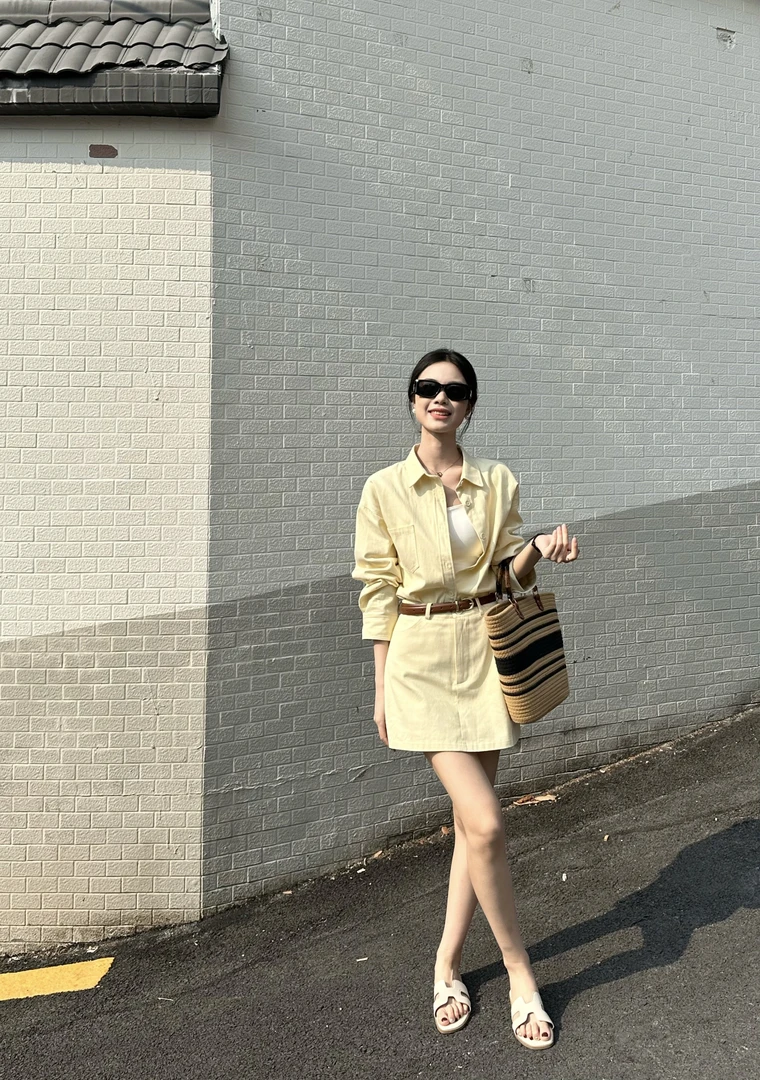 楊沛沛 春款黄桃色休闲度假宽松百搭韩版衬衫套装裙子 TZ8218#