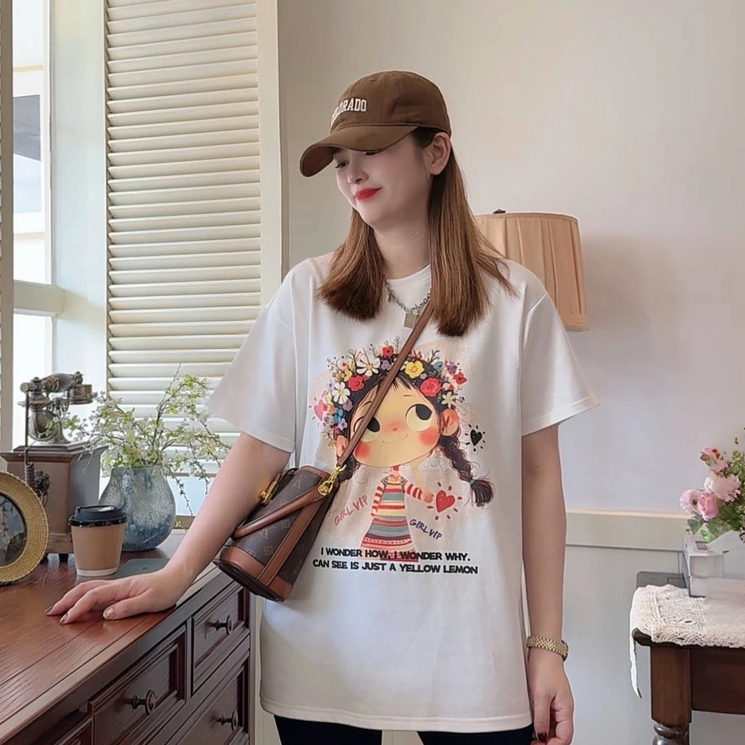 【小可爱】2025夏季设计师新款时尚宽松圆领印花休闲百搭短袖T