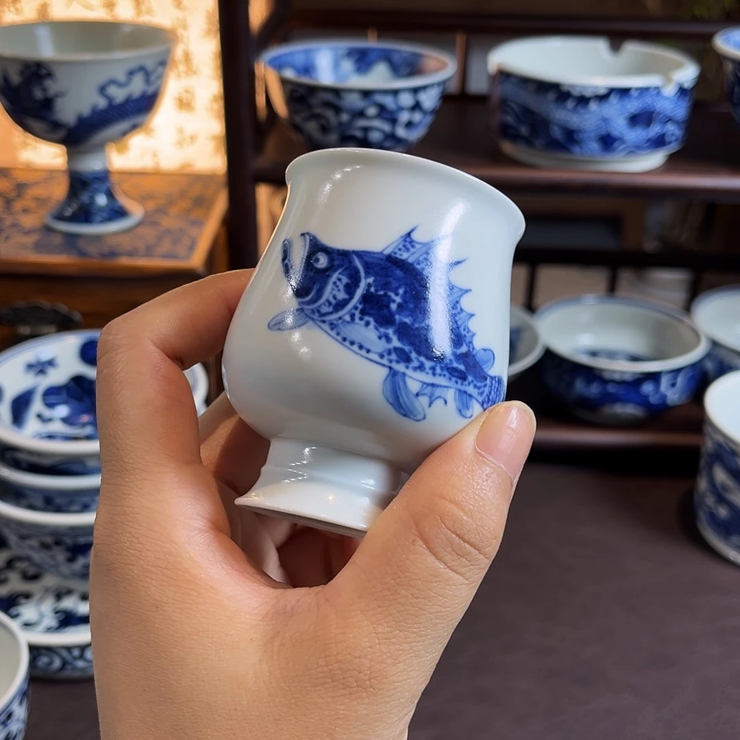 朝岚夕霞元青花鱼藻纹高脚杯全手绘原矿釉烧制