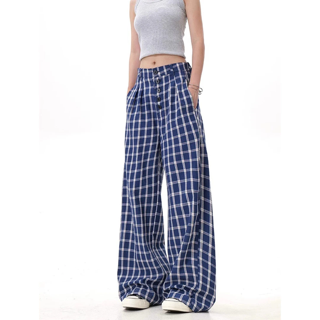 夏季新款复古穿搭格子阔腿裤女百搭休闲时尚港风设计拖地裤