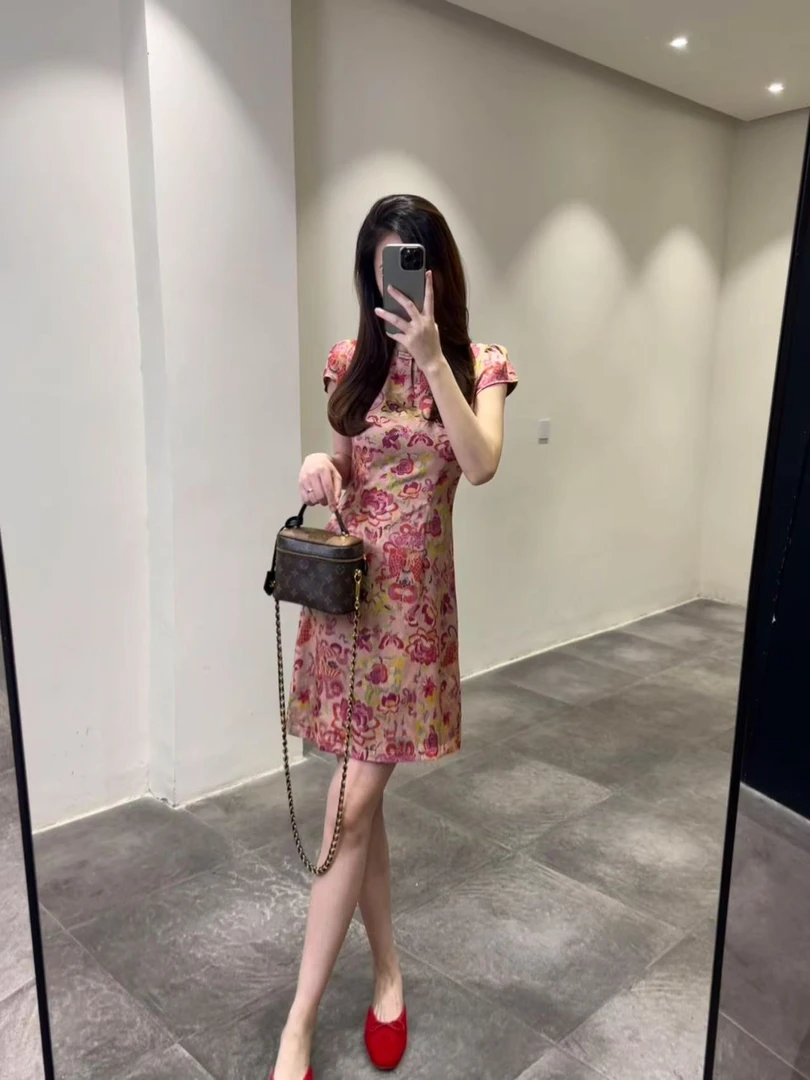 欧货 渲染彩画小个子旗袍连衣裙(红色）