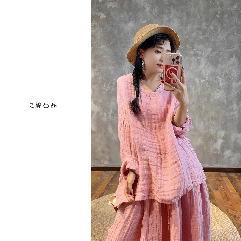 忆绵出品2624590“红运当头”褶皱气质时尚出游圆领高端百搭上衣