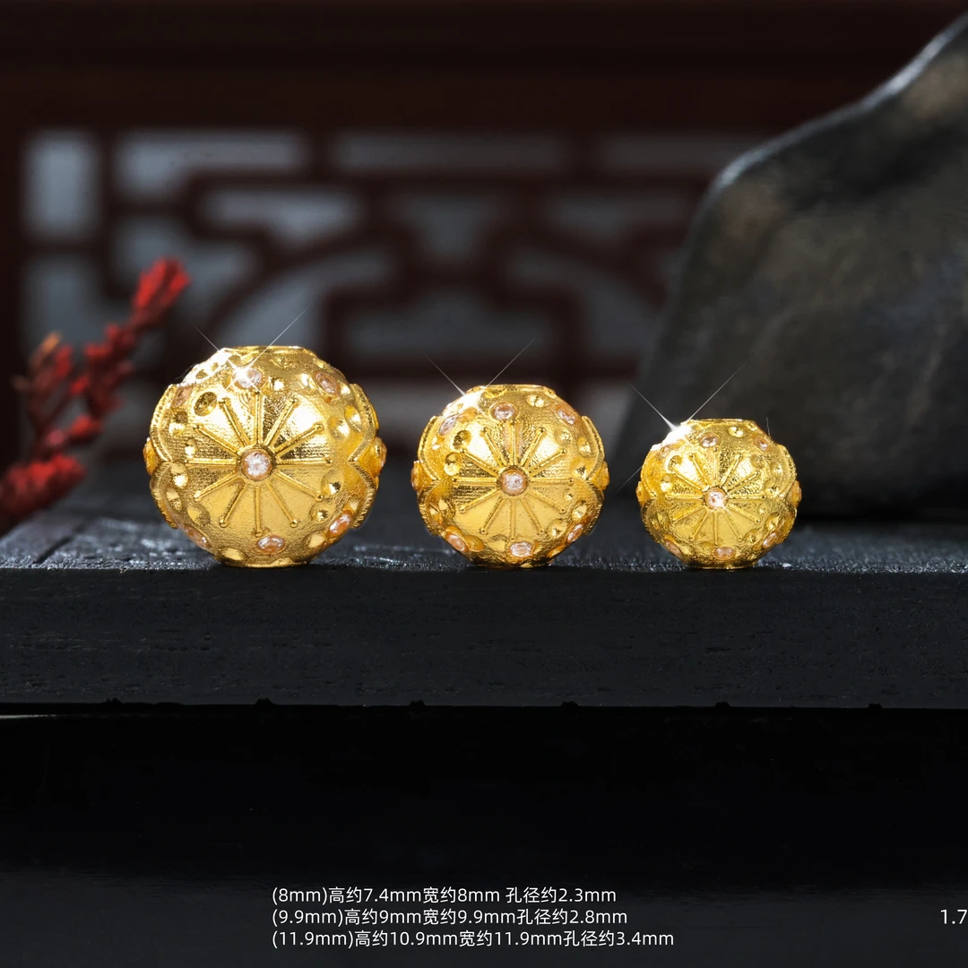 【金豆】18K实心金豪镶烟花星球陨石坑隔珠圆珠顶珠运转珠S