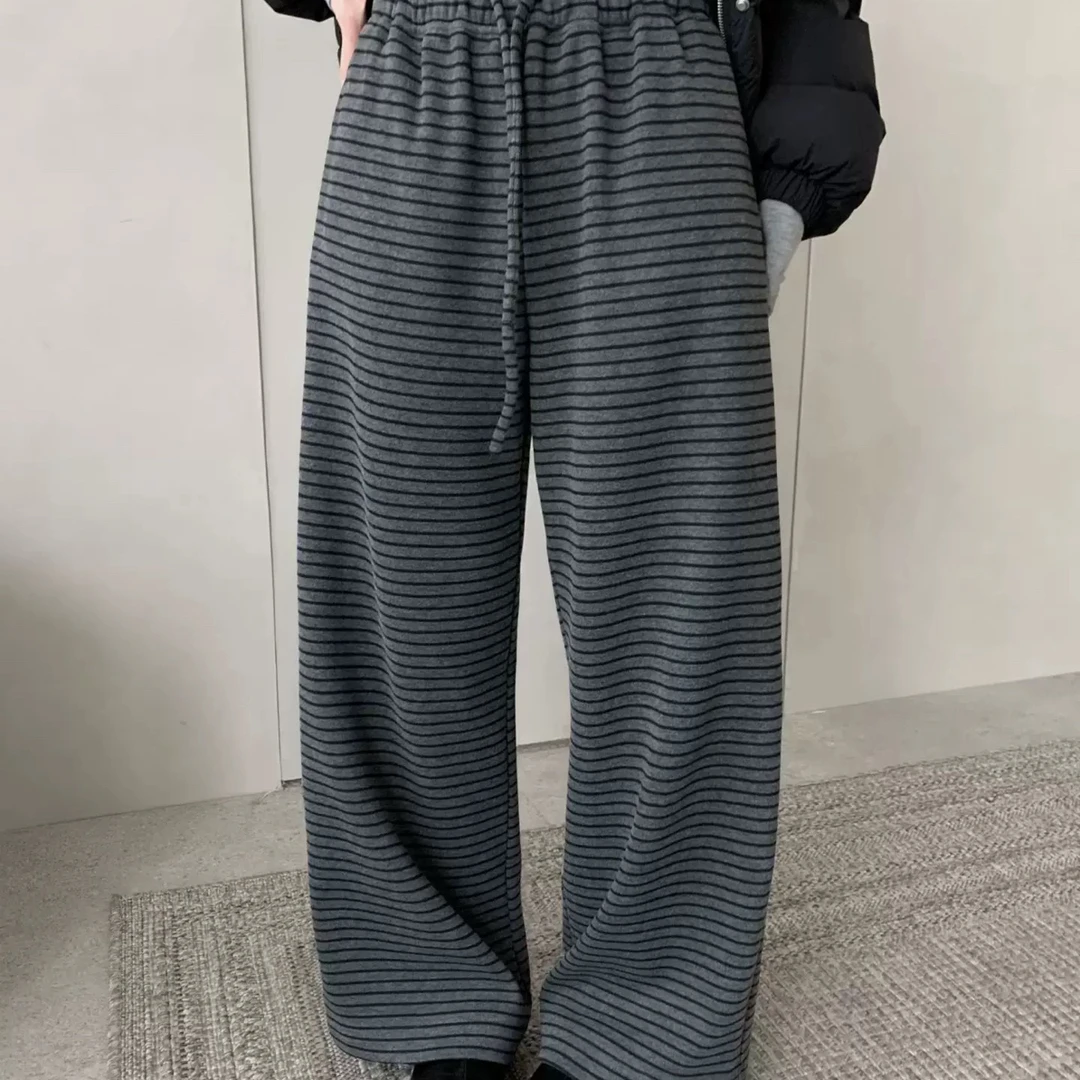 大码冬季加绒条纹高腰显瘦直筒休闲裤百搭阔腿裤