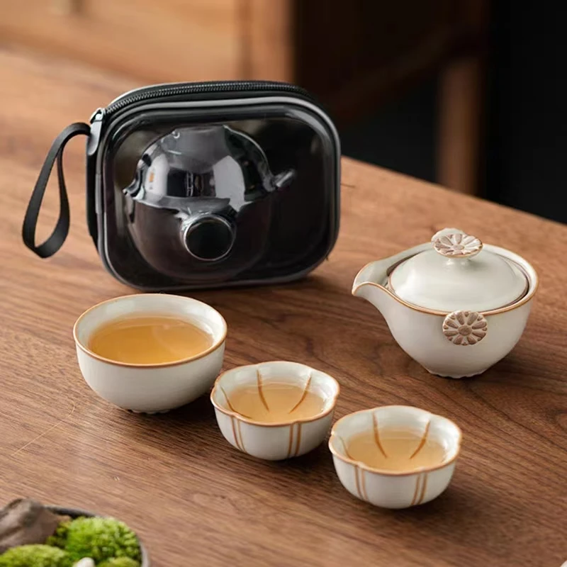 汝窑米白手抓壶便携式主人杯快客杯户外旅行茶具一壶三杯43002