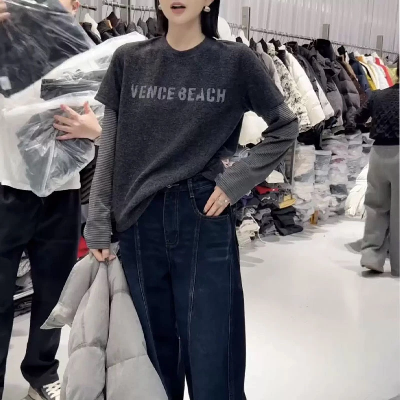 欧洲站2025秋季新款假两件上衣女宽松显瘦百搭长袖T恤休闲打底衫