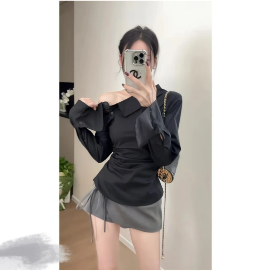 设计感小众斜肩衬衫收腰显瘦露肩上衣蝴蝶结系带半身裙短裙套装