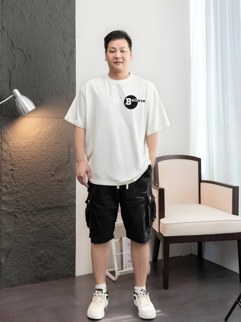 胖哥大码男装夏装休闲260G重磅圆领T恤植绒印花字母宽松短袖半袖