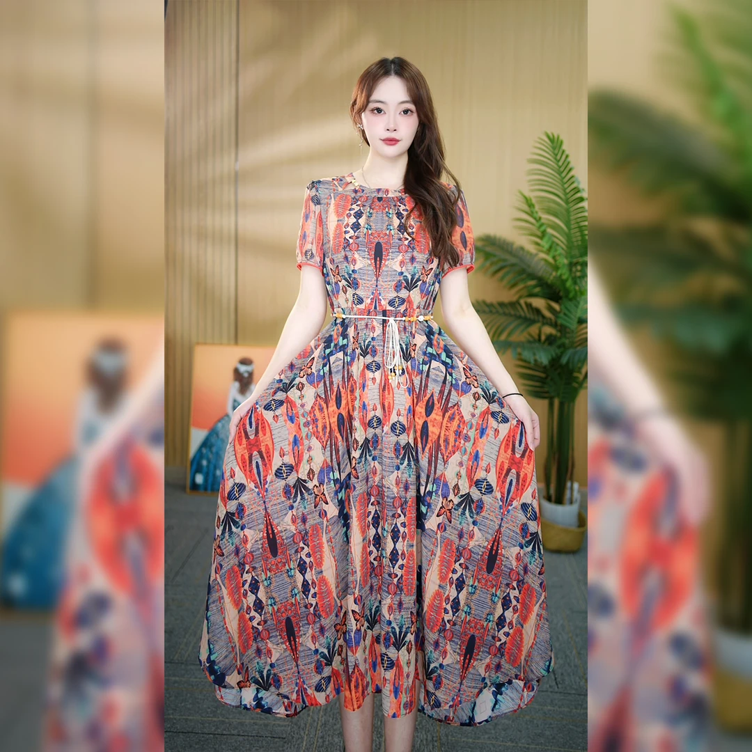 【美依女装】WT056爆款夏装时尚印花复古显瘦气质洋气大裙摆连衣裙