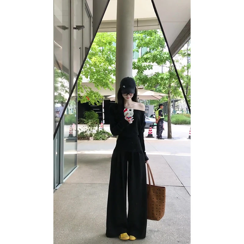 纯欲风早秋新款收腰设计斜肩上衣长袖T恤衫女简约宽松阔腿裤套装