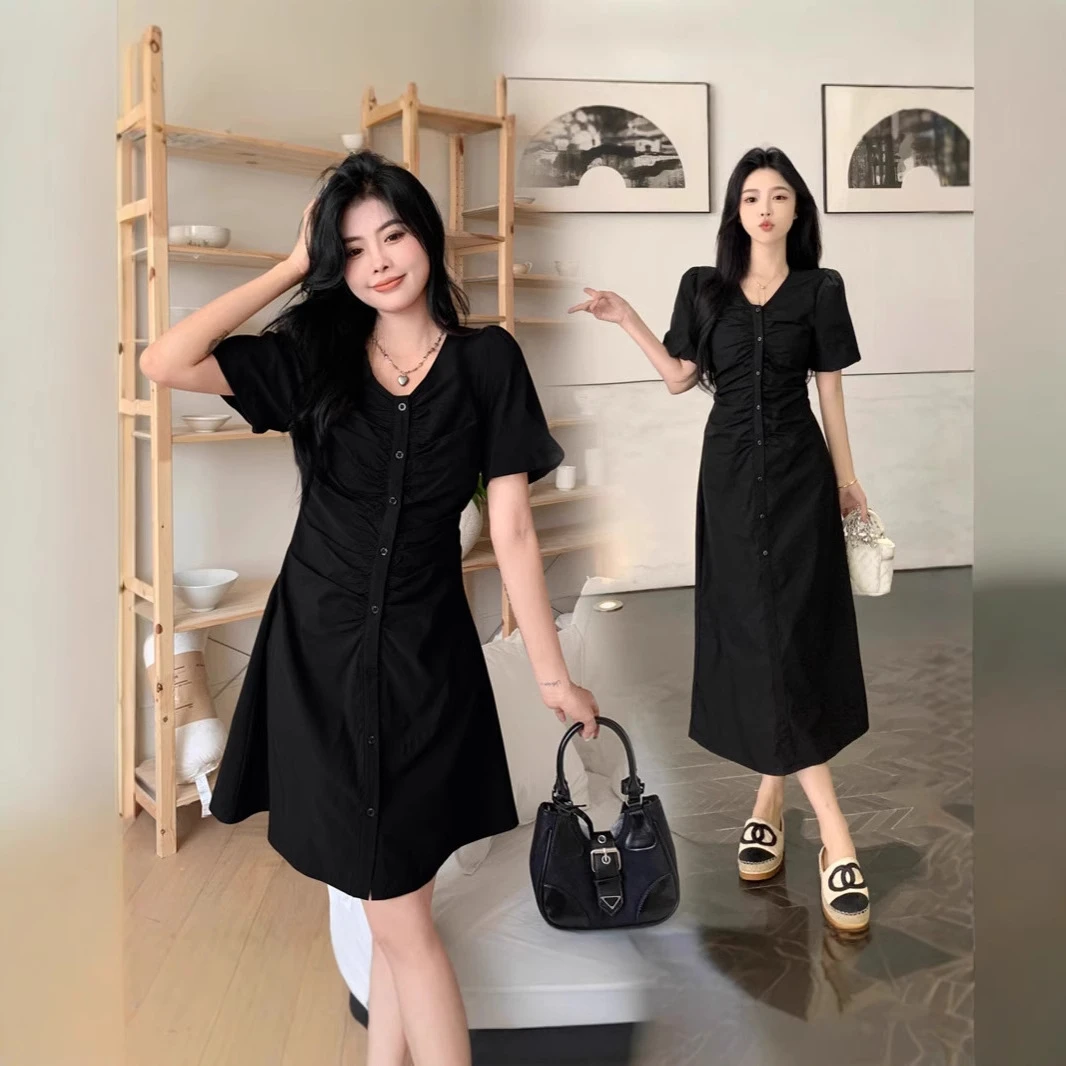 欧若风夏季新款轻熟风气质v领褶皱连衣裙女赫本风收腰显瘦长短款