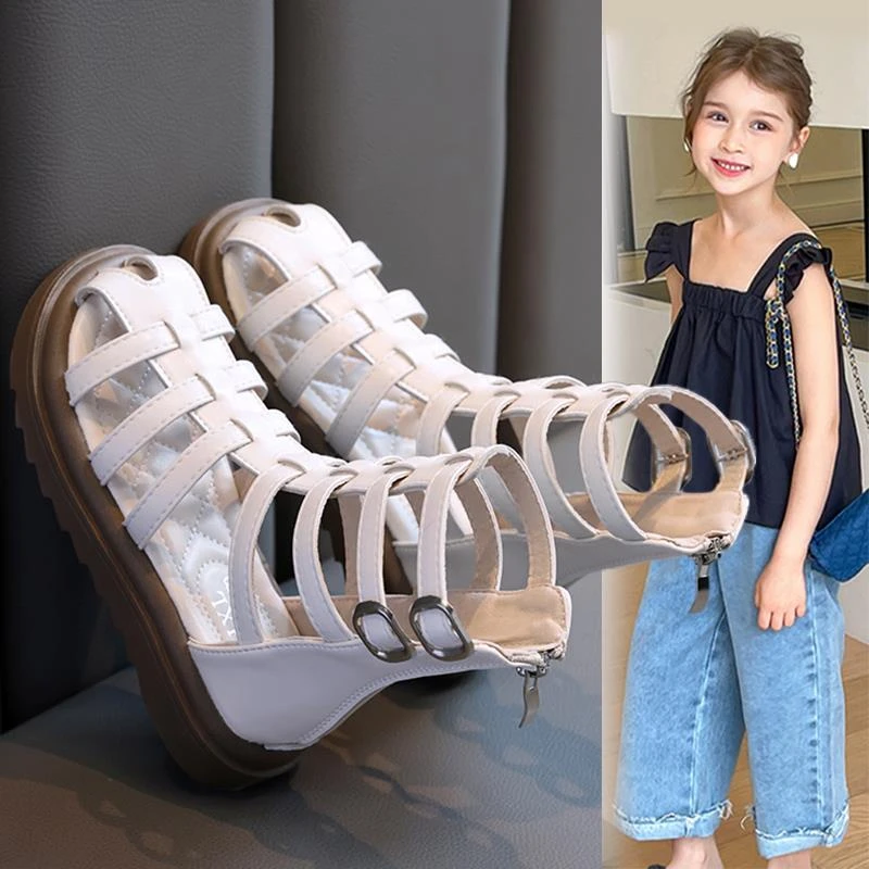 儿童凉鞋2025夏季新款女童高帮镂空软底长筒凉靴中大童包头罗马鞋