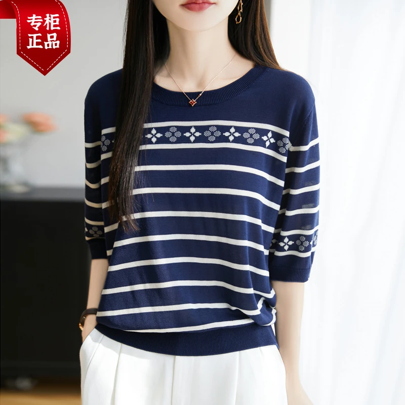正品棉+桑蚕丝2025夏季新款短袖女圆领条纹针织衫百搭气质薄款T恤