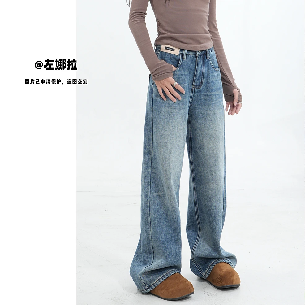 【YY11260-2】冬季新款加绒加厚宽松中高腰显瘦牛仔裤-窄版直筒裤