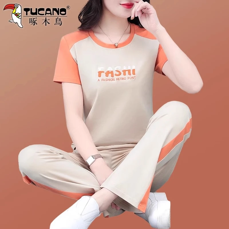 【官方】啄木鸟两件套运动套装女士夏季薄款2026新款中年洋气休闲服