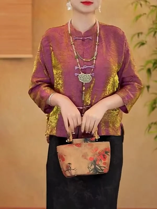 见外包装常规款默认厚度短袖上衣重磅百搭新中式国风上衣紫金色