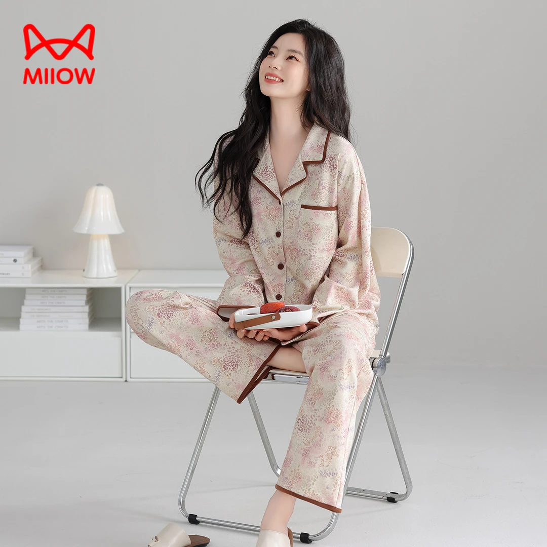 猫人睡衣女士春秋季纯棉长袖翻领2025新款流行轻奢感休闲秋家居服