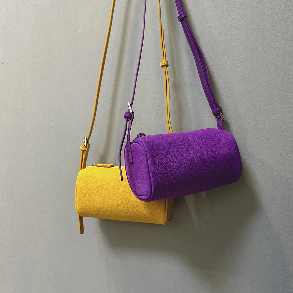 头层牛皮磨砂笔筒包私人订制麂皮新款圆筒包高级感时尚休闲斜挎包