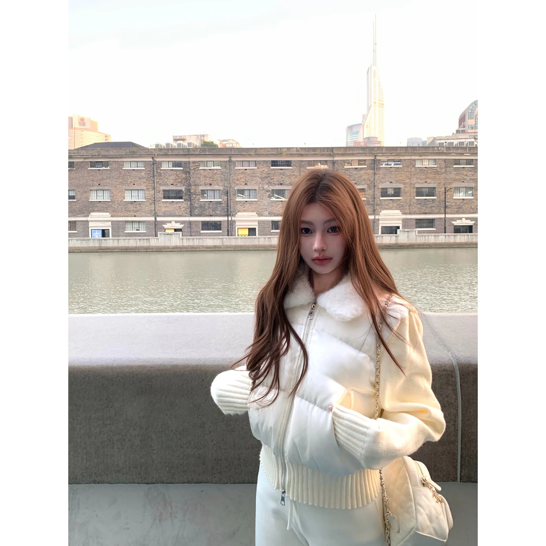 韩版奶昔泡芙针织拼接防风毛领棉服外套女冬季白色加厚保暖棉衣