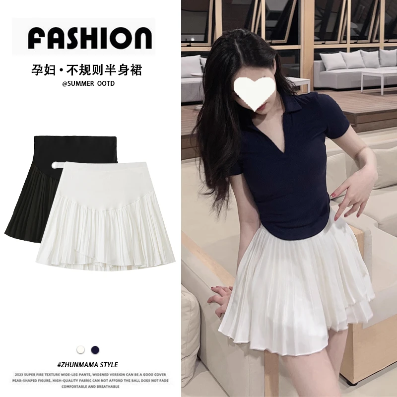 孕妇半身裙小个子夏季薄款高腰显瘦不规则A字裙百褶短裙甜美半裙