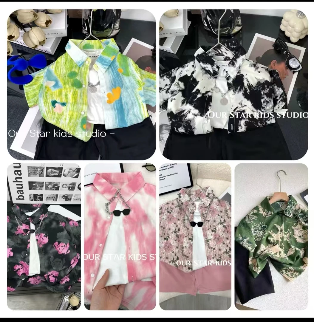 【缤纷一夏】现货夏季薄款潮衬衫中小童复古痞帅时尚印花衬衫套装