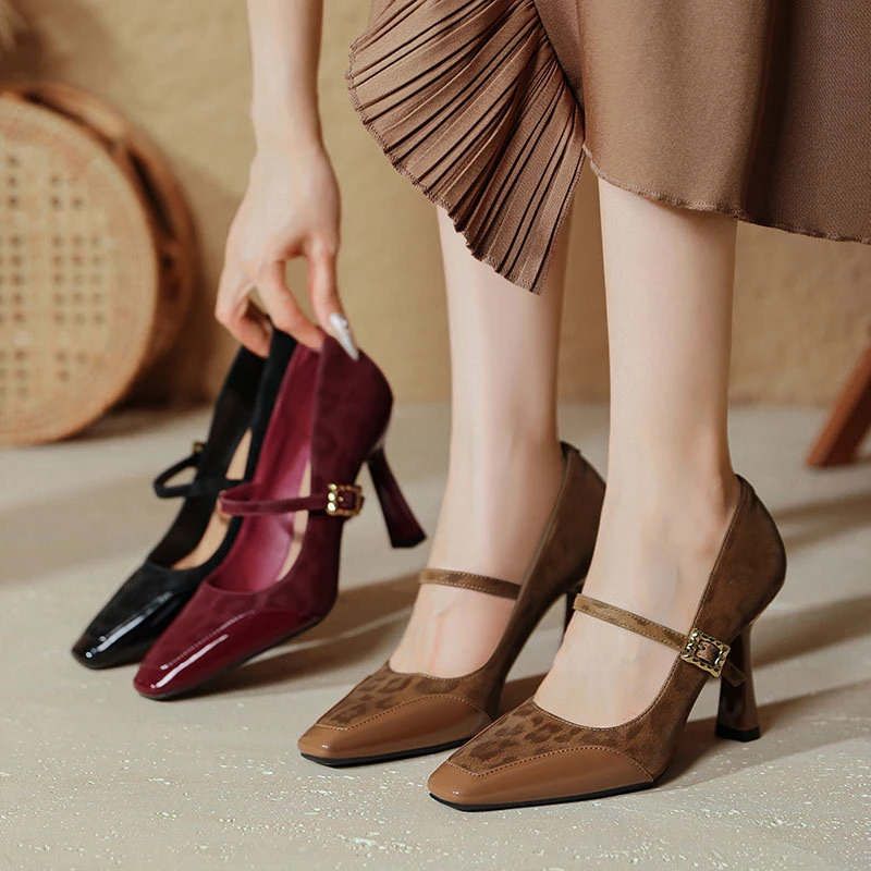 法式玛丽珍浅口高跟鞋细跟9性感2025新款豹纹气质百搭高跟单鞋