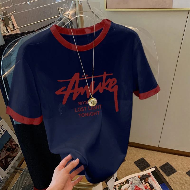 撞色正肩短袖t恤女装夏季2025新款时尚百搭减龄体恤减龄洋气上衣