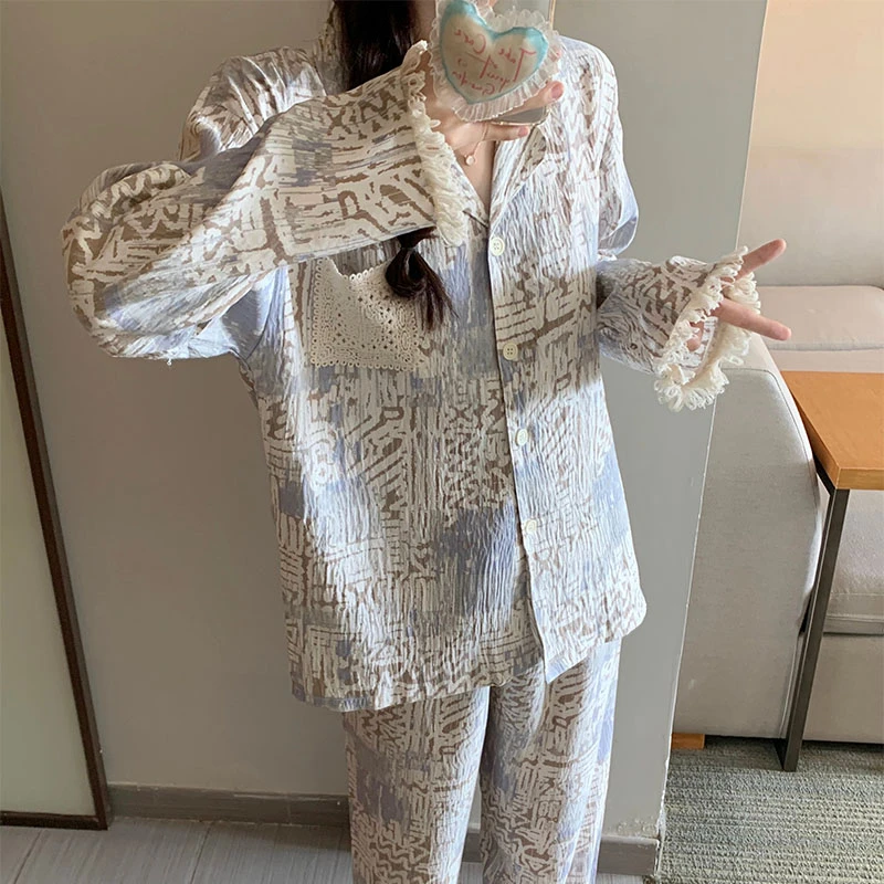 复古条纹长袖睡衣女款春秋季爆款长裤流苏休闲女士家居服两件套装