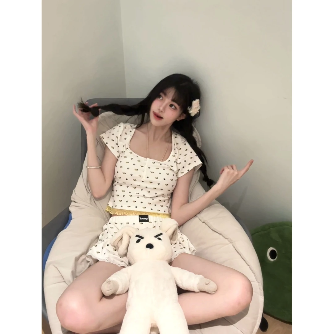 【卡通小狗】ins韩系甜美蕾丝边短袖睡衣女夏季新款短裤家居服套装
