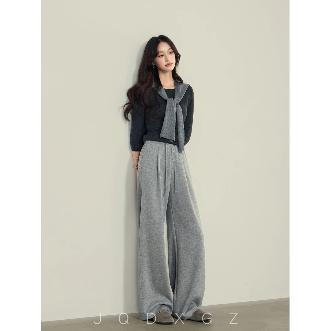 慵懒抽绳宽松阔腿休闲裤女秋季高腰显瘦直筒裤垂坠感25QK3856