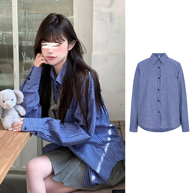 Moses Queen/魔西女王miu系蓝格衬衫女春慵懒休闲风宽松衬衣外套