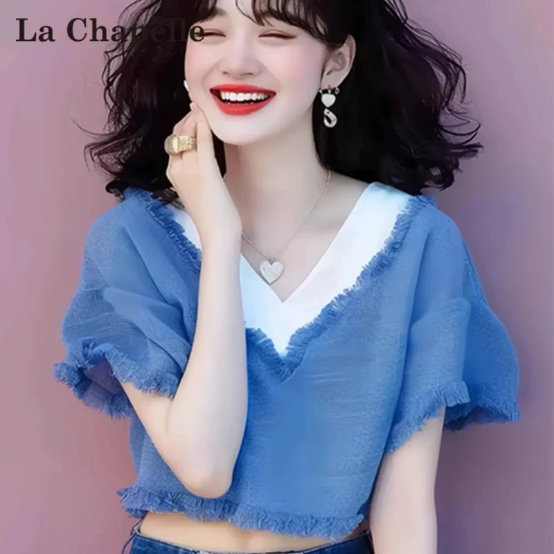 拉夏贝尔v领流苏短袖t恤女夏今年流行漂亮独特超好看小众设计上衣