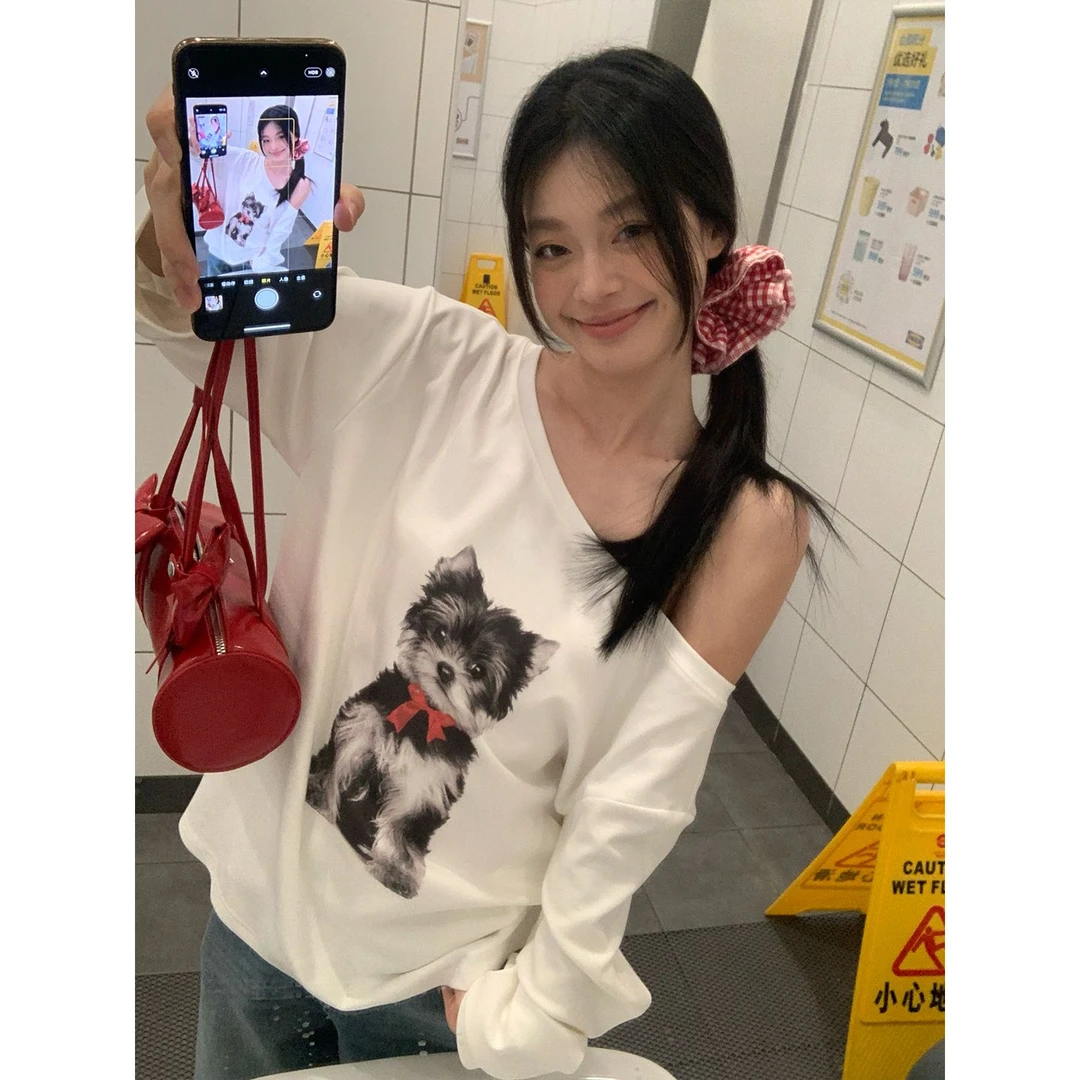 宋正恩白色小狗印花宽松短袖t恤女夏季新款可斜肩松弛慵懒风上衣