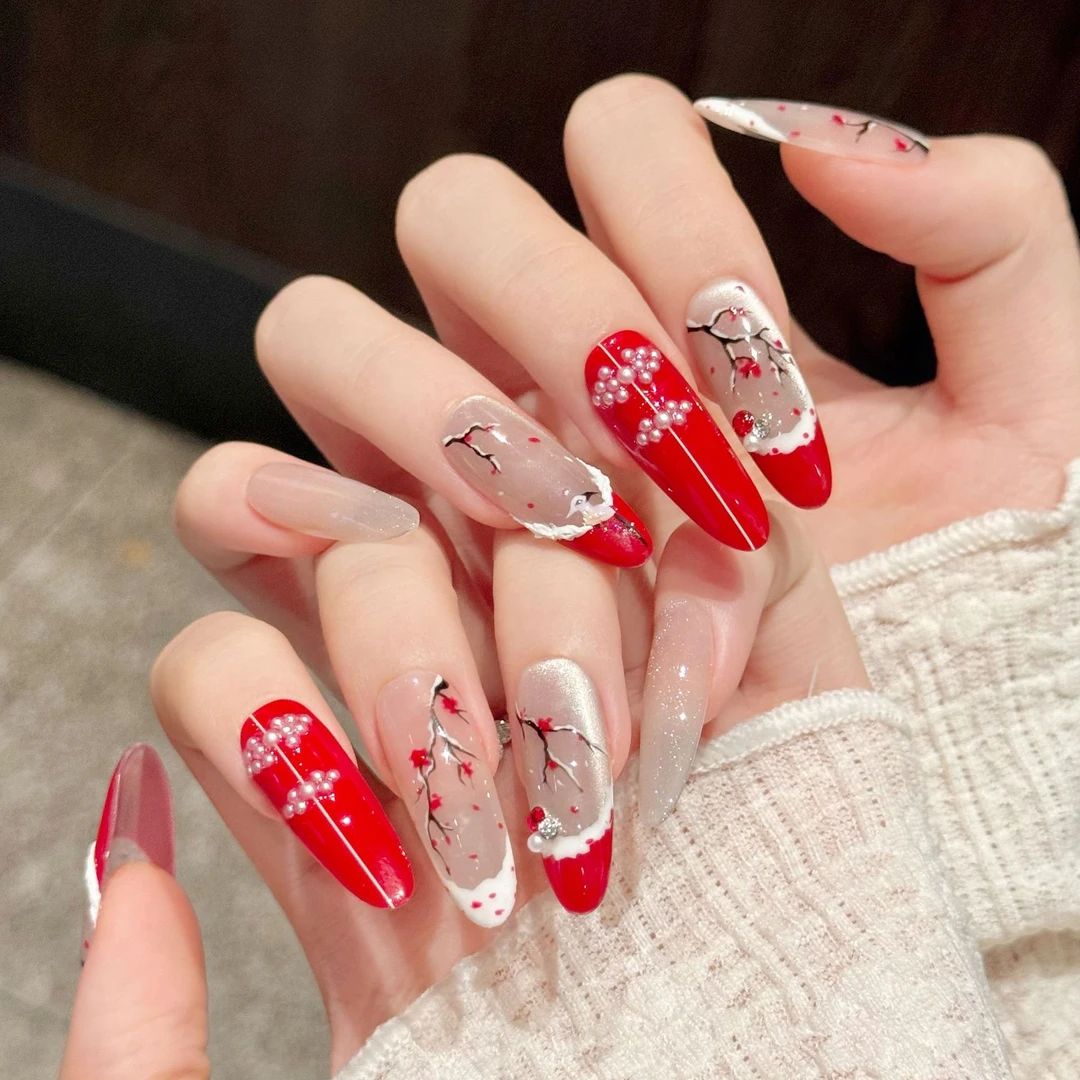 【踏雪寻梅】古风新中式水彩手绘小珍珠猫眼梅花手工款红色穿戴甲