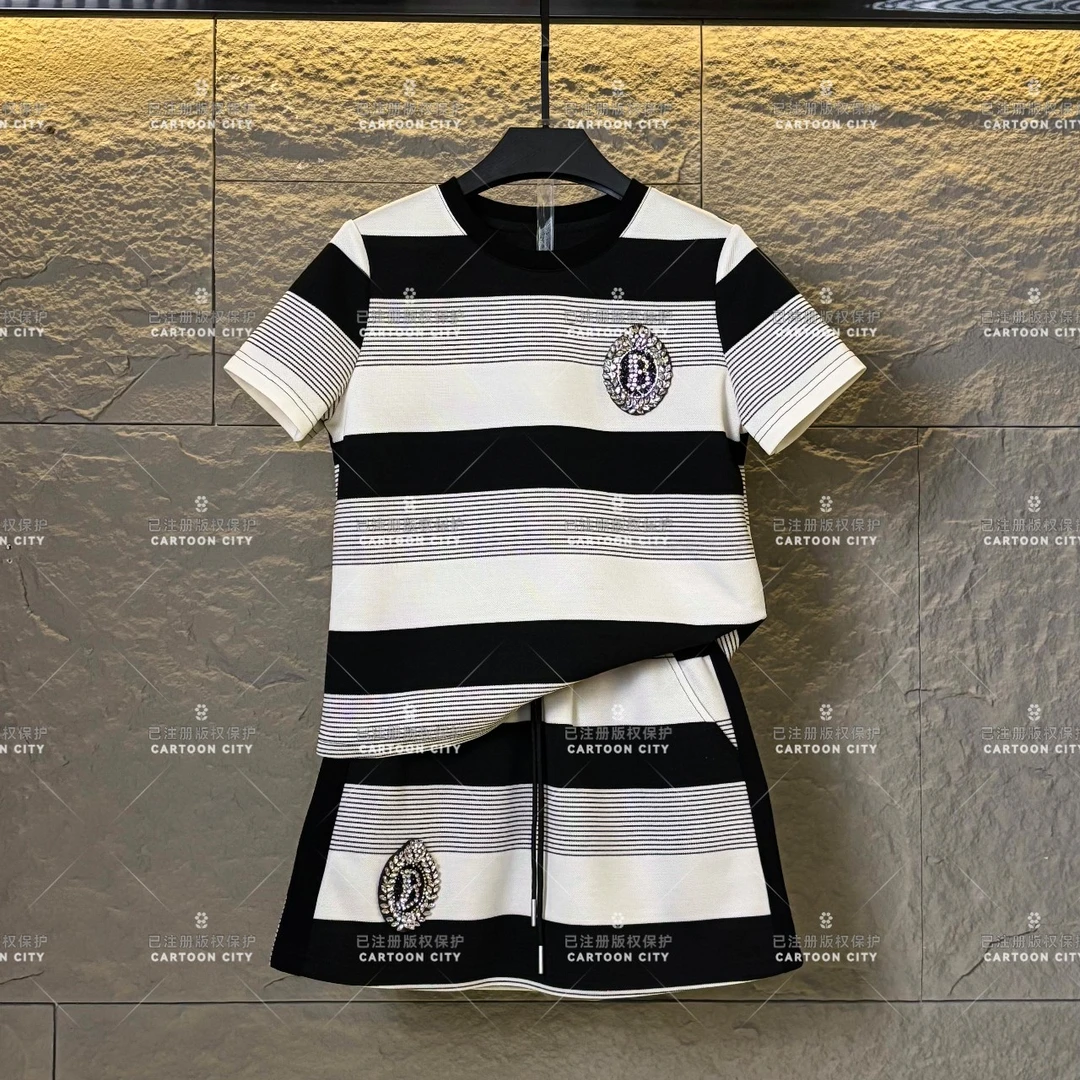 编码2 WMA-A375丨<条纹系列>宽松版夏季T恤短裙休闲圆领套装