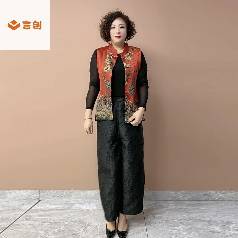 311高品质妈妈装国风春装马甲50-60岁大码中式唐装坎肩裤子三件套