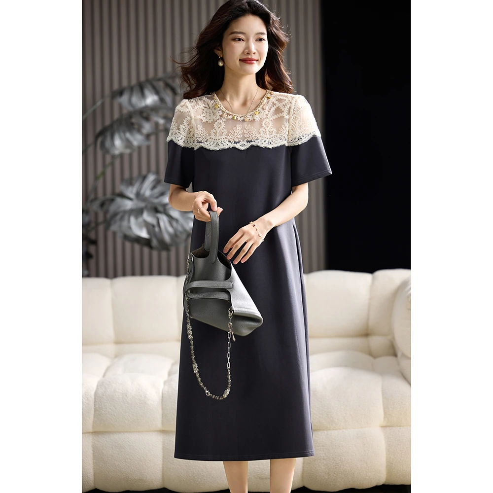 法式气质蕾丝拼接连衣裙女夏季2025新款高级感名媛风宽松显瘦长裙