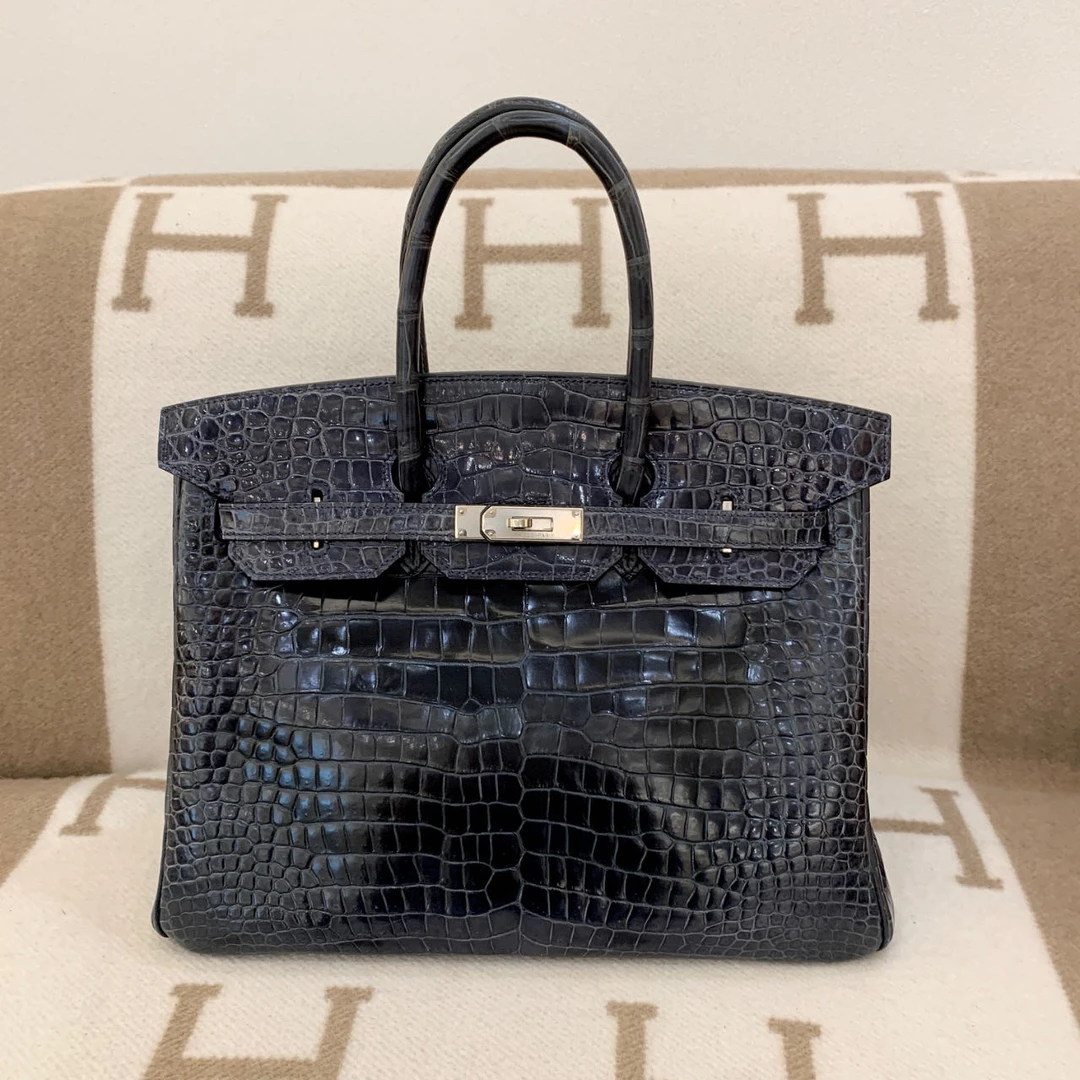 95新 Hermes/爱马仕 birkin 35 框N 亮面倒v鳄鱼 风暴蓝es0710b3