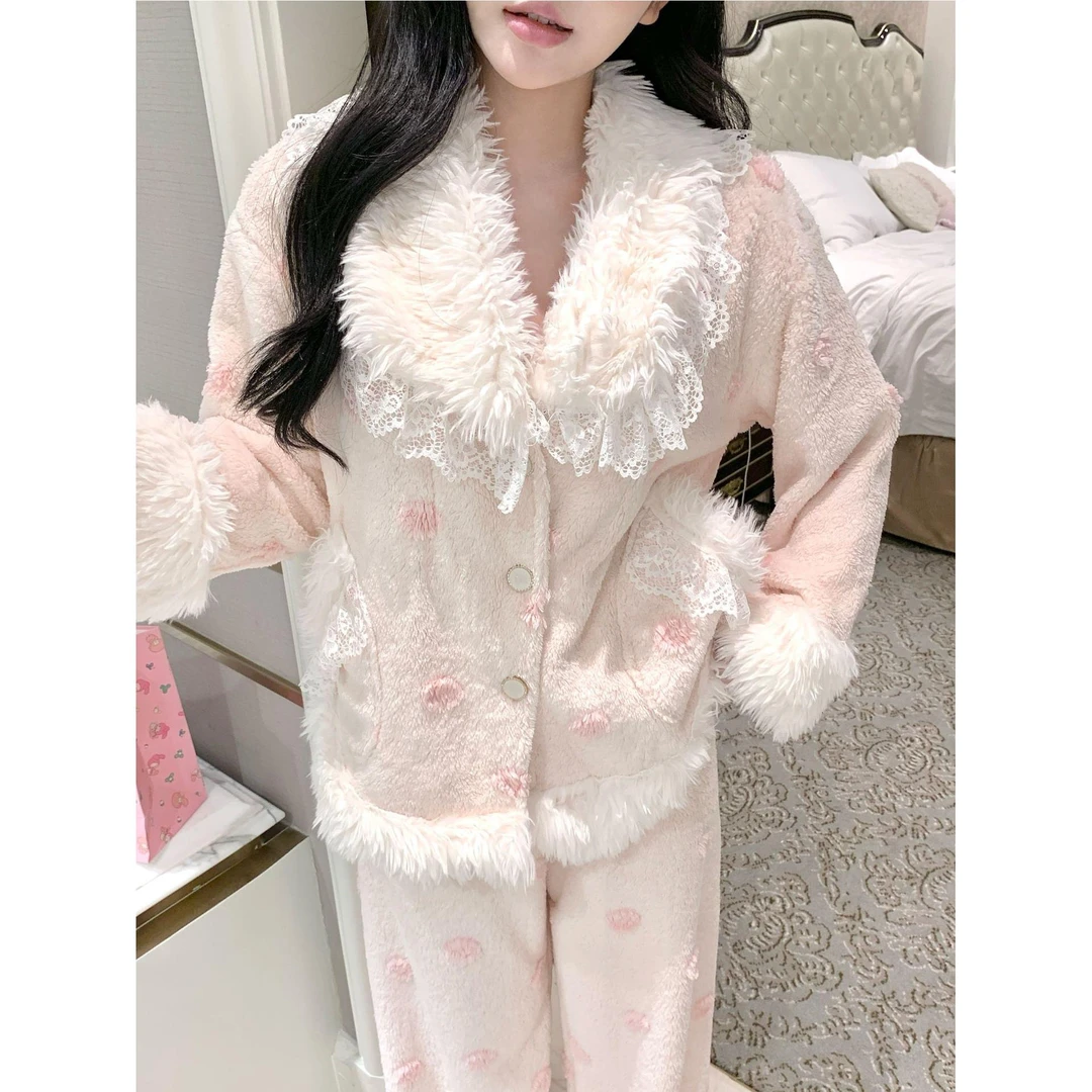 法兰绒睡衣女秋冬季省服加厚加绒珊瑚绒粉色新款少女家居服套装M