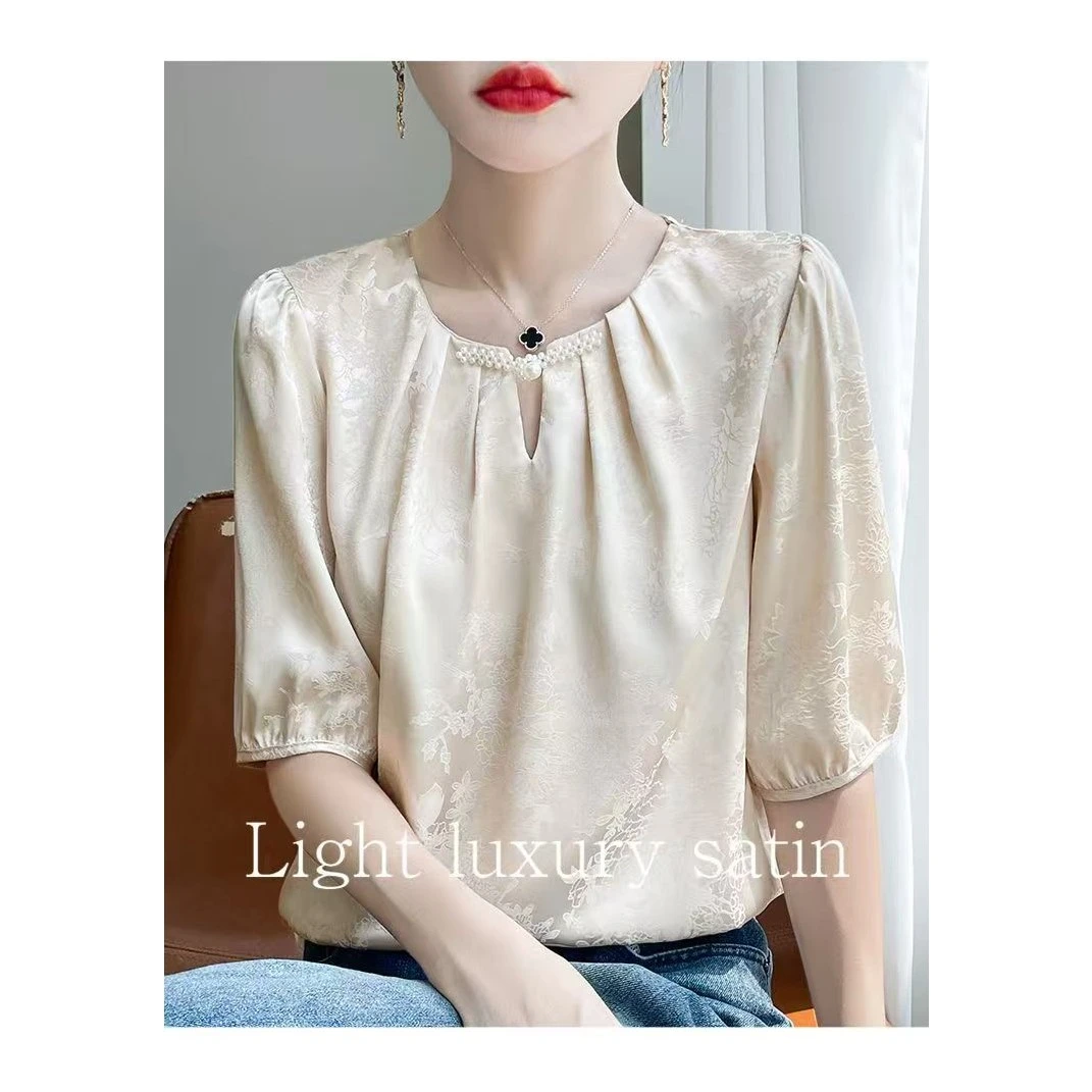 2025夏季醋酸缎面短袖奢华缎面洋气衬衫气质上衣盘扣提花小衫女