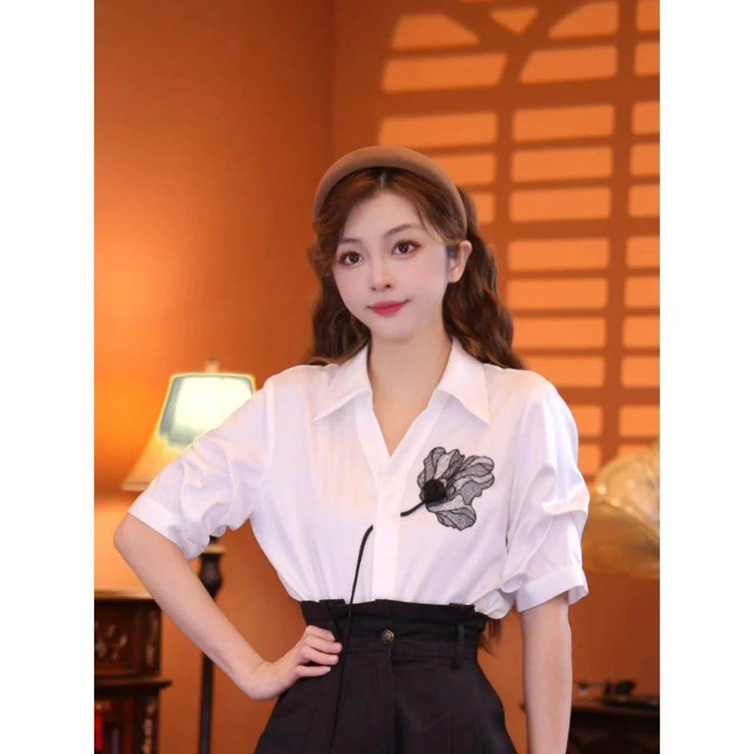 乐乐【陌上花开】港味复古时尚气质短袖上衣02533
