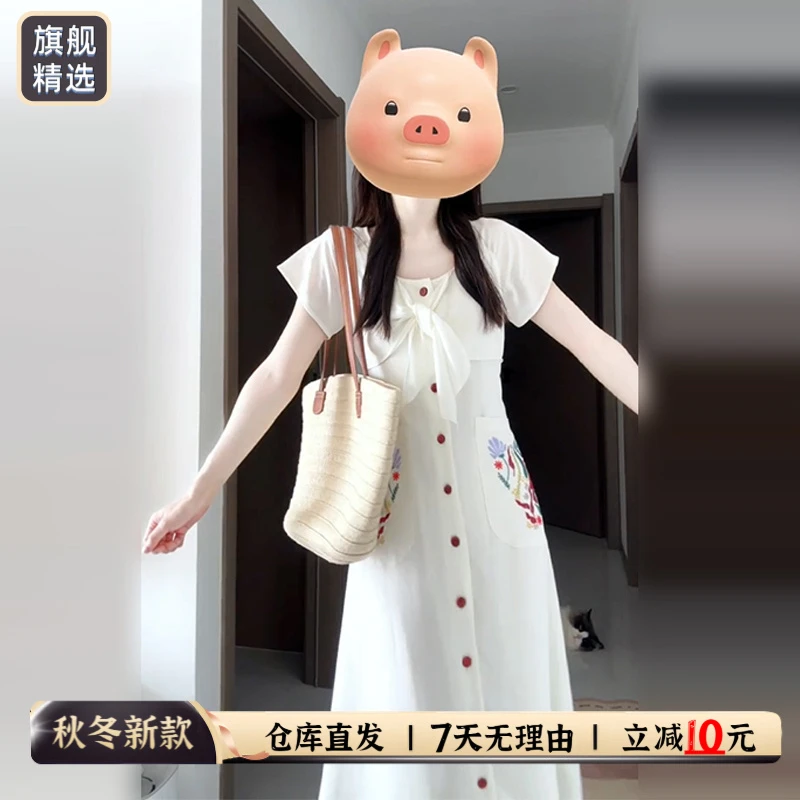 法式复古白色短袖连衣裙子女夏2025新款今年流行爆款气质收腰长裙