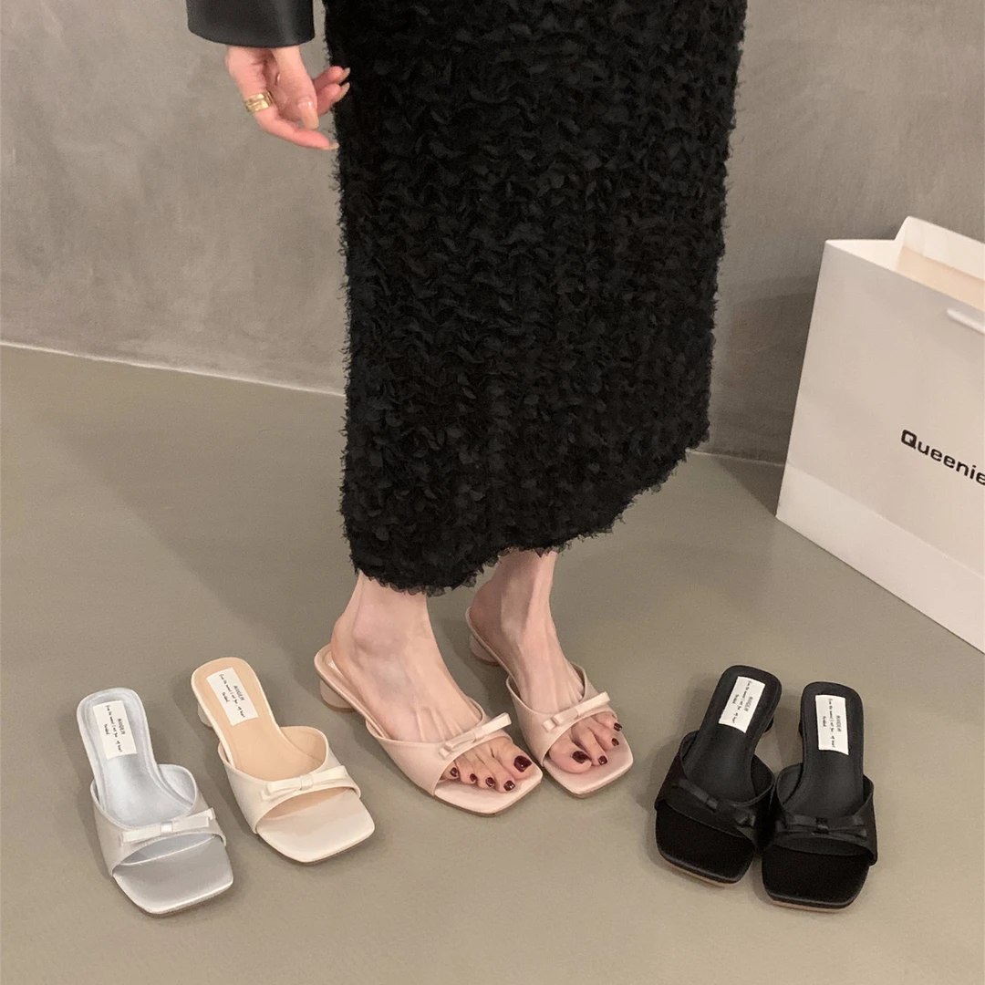 粗跟粉色法式小凉拖鞋仙女鞋子外穿2025新款夏季配裙子蝴蝶结凉鞋