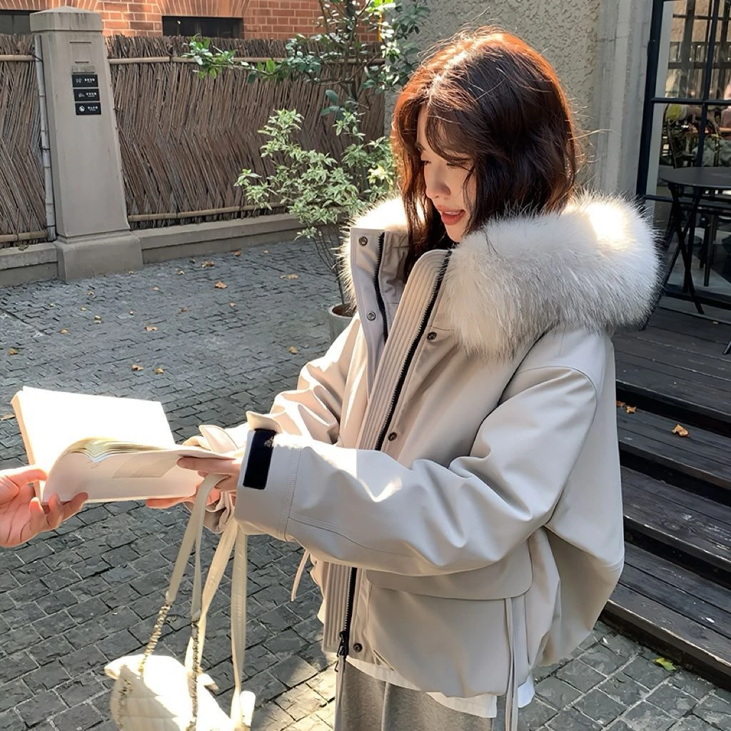 羽绒棉服冬季韩板宽松短款小个子派克服工装洋气毛领外套月石灰