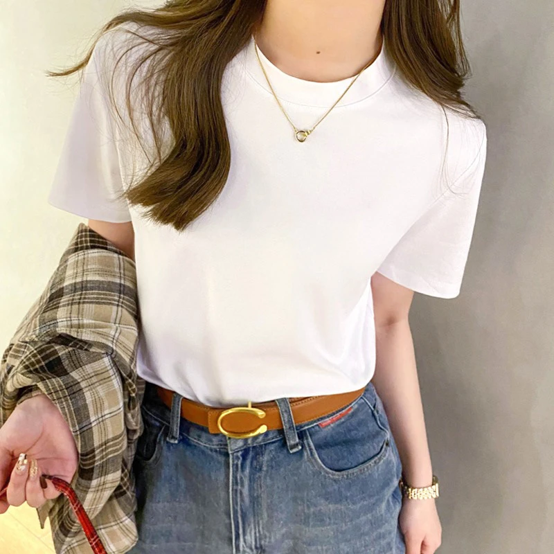 U领正肩纯色短袖T恤女夏季新款修身遮肉显瘦锁骨设计圆领感上衣