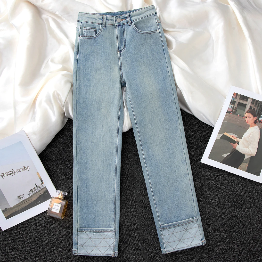 BXH2015烫钻高腰牛仔裤女九分裤2025年春季新款烟管裤翻边裤脚